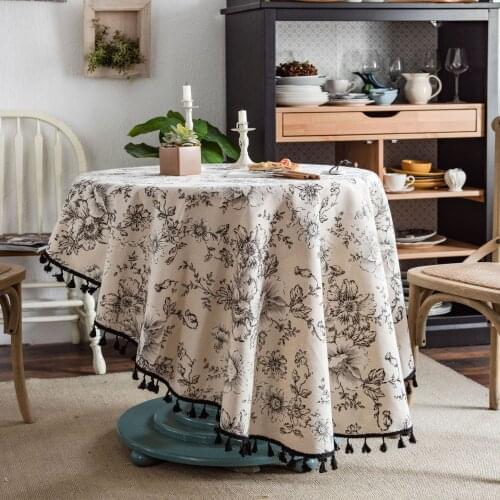 Cotton Linen Tablecloth Rustic Rose Printed Round Lace Edge Tablecloth For Dining Kitchen Table Protector Cover 150cm Diameter
