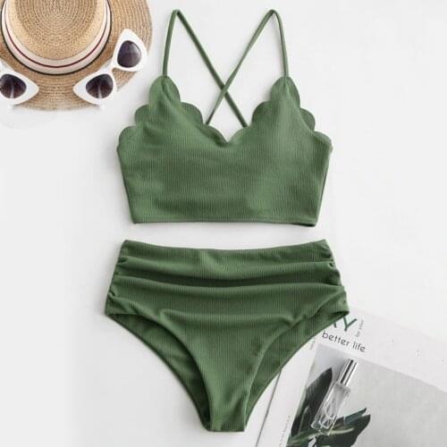 Sexy Floral Side Solid Lace Up Bikinis 2020 Push Up 2 Piece Set Womens Swimsuit Padded Bra Swimming Suit For Women High Waist