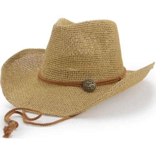 Straw hats women men summer spring panama western cowboy belt band jazz caps outdoor beach windproof rope sun women summer hats