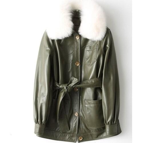 Autumn Winter Genuine Leather Jacket Women Sheepskin Coat Real Fox Fur Collar Warm Parka Plus Size Womens Jackets KJ2486