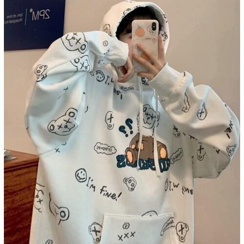 Cute Bear Print Women Hoodies Harajuku Sweatshirts Japan Kawaii Hoodie Pocket Casual Pullovers Tops Autumn Hoodies
