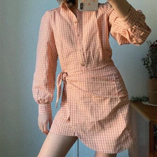 Elegant Mini Dress Women Pink Plaid Short Sleeve Turn Down Neck Buttons Up Bow Dresses Chic Summer 2021 Retro Casual Short Dress