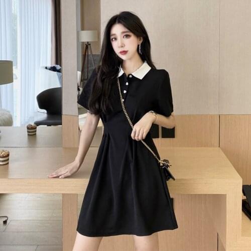 Woman Dress Korean Womens Color Contrast Lapel Thin Waist Black Dress Polo Collar Short Sleeves Mini Short Dress Solid Female
