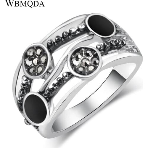 2018 Fashion Black Enamel Crystal Wave Ring Silver Color Layered Rings For Women Punk Rock Jewelry Drop Shipping