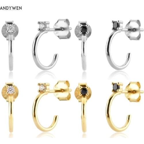 ANDYWEN 925 Sterling Silver Gold Clear Black Slim 7.8mm Huggies Hoop Small Tiny Rock Punk Jewelry Gift Wedding Jewels