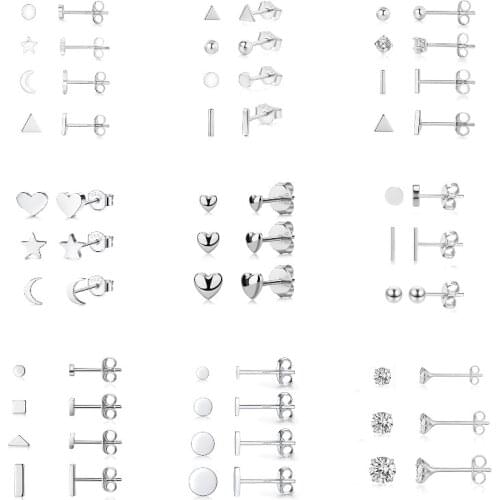 BOAKO 925 Sterling Silver Heart Star Moon Zircon CZ Stud Earrings For Women Geometric Triangle Bar Tiny Ear Studs Set Jewelry