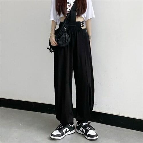 Womens Sports Pants 2021 New Streetwear Straight High Waist Trouser Baggy Harajuku Sense Of Design Button Casual Wide Leg Pants