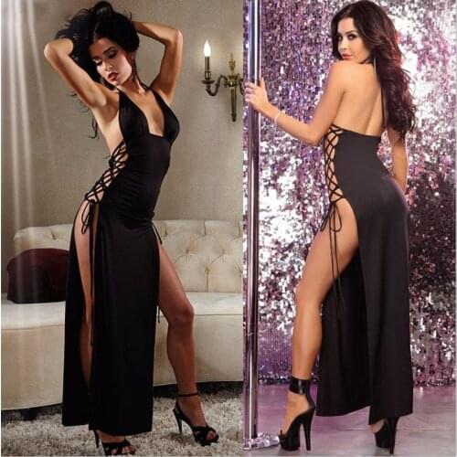 Black Long satin dress Erotic Underwear backCross exotic Dresses Sexy Lingerie Robe Babydoll Porn Sex Night Club Party Costumes