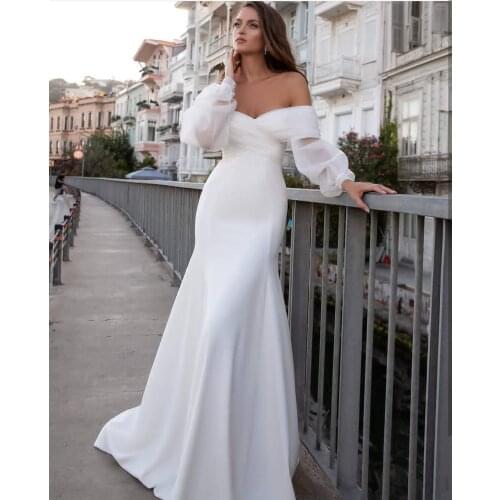 Long Wedding Dress Mermaid Low Back Floor Length Puff Sleeve White Satin Tulle Organza Bridal Gowns Charming Robe De Mariee