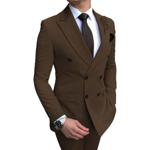 Double Breasted Men Suits Dark Brown Groom Tuxedos Peak Lapel Groomsmen 2 Pieces Wedding Best Man ( Jacket+Pants+Tie ) C970