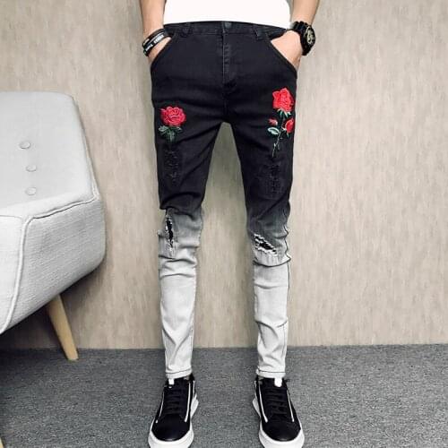 New Arrival Mens Rose Embroidered Slim Jeans Patchwork Fashion Hole Hit Color Jeans Pencil Pants