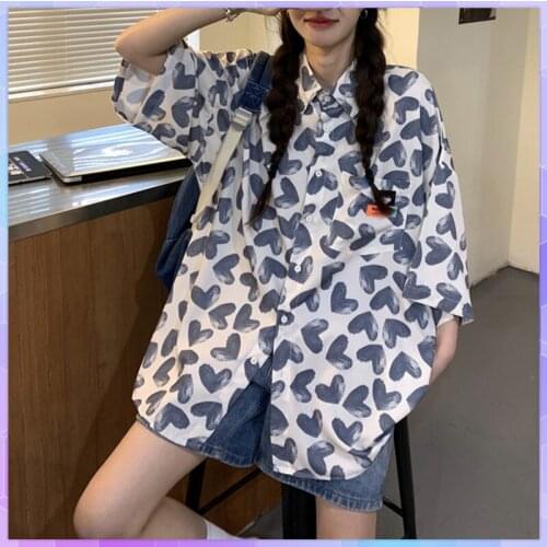 Harajuku Lovely Heart Tshirt Women Causal T-Shirt Woman Short-Sleeved Tops Clothes Blue T-Shirts Summer Korean Love Tee Shirt