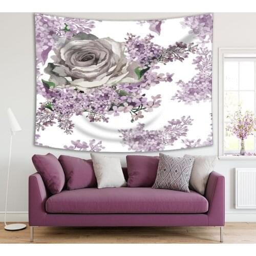 Tapestry Rose and Lilac Flowers Watercolor Floral Soft Colored Artwork Printed Gray Purple Green