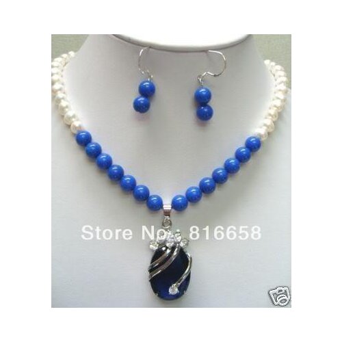 Pretty !7-8MM White Pearl Lazuli Lapis Beads Necklace Earing Set