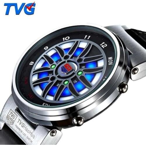 Top Brand TVG Led Watch Men Creative Car Roulette Blue Led Dispaly Binary Watch Men Fashion Men Sports Watches relogio masculino
