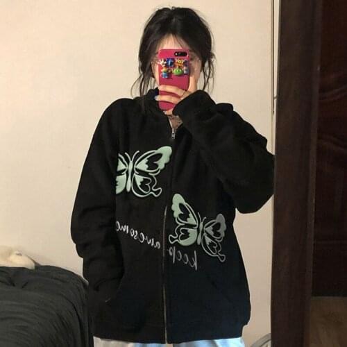 Kawaii Butterfly print Female sweatshirt Harajuku Korean Version Loose Oversized Sweatshirts Long-sleeved Hooded E-Girl худи