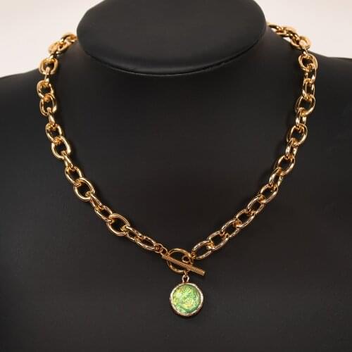 Trendy Gold Color Sweater Chain Bling-Bling Round Unique Pendant Necklace Stainless Steel Buckle Wholesale FactoryDirect Jewelry