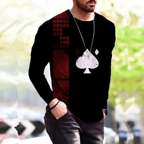 2021 Autumn New Men Long Sleeve T-Shirts Fashion Funny Poker Printed Mens O-Neck Pullover Tops Casual Male Plus Size Black Tees
