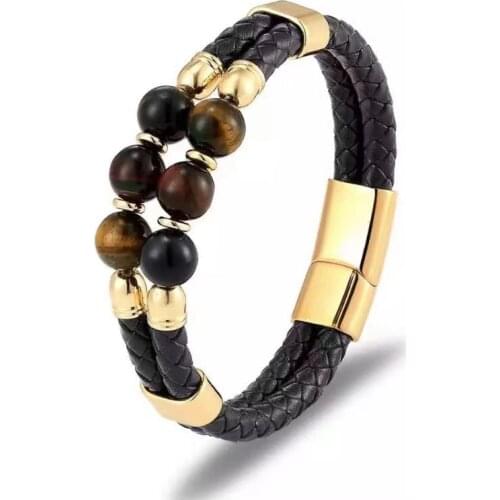 New natural stone mens bracelet high quality leather bracelet stainless steel magnet buckle round beaded jewelry
