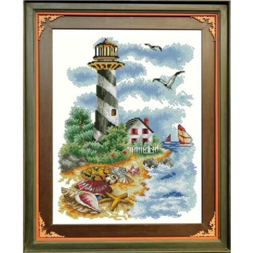 Home Decorative Paintings Landscape Beach Lighthouse Crossstitch 11CT Printed Cloth Kit Handmade Embroidery Material Kit