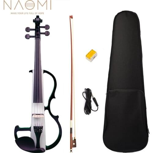 NAOMI 4/4 Electric Violin Set Solidwood Body Black+White Color Violin w/ Brazilwood Bow+Rosin+Audio Cable+Headphone+Bridge