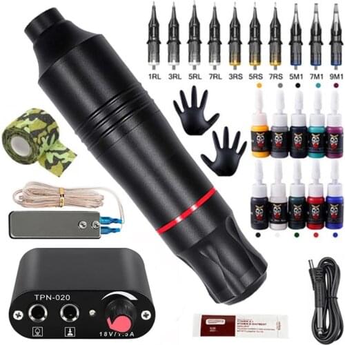Tattoo Machine Kit Rotary Tattoo Pen with Power Supply Cartridges Needles Permanent Makeup Tattoo Machine Pen Set for Body Art