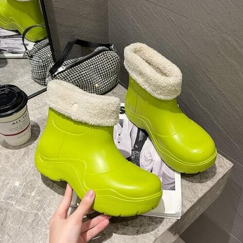 2021 New Brand Winter Women Fur Rain Boots Ladies Rubber Walking Waterproof Ankle Rain Boots Casual Thick Bottom Short Boot