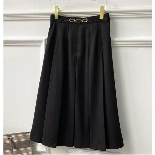 Autumn Winter Wool 2021 Skirts For Women Midi Black Pleated Skirt High-Waist A-Line Ladies Skirt Golden Button