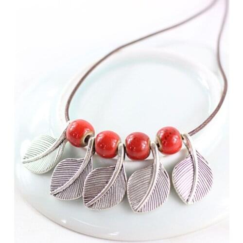 Ceramics Round Beads Pendants Necklace Long Rope Leaf Charm Leaves Pendant Choker Bohemia Style Women Men Vintage Clothes Choker