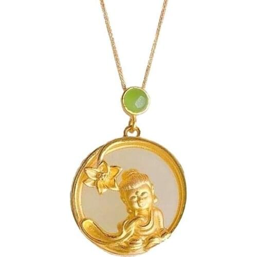 Natural White Hetian Jade Buddhism Pendant Necklace 925 Silver Fashion Jewelry Chalcedony Amulet Gifts for Women