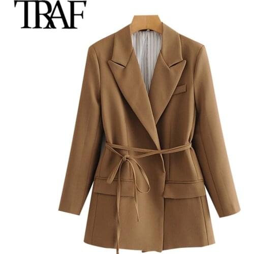 TRAF Women Fashion With Tied Wrap Blazers Coat Vintage Long Sleeve Pockets Female Outerwear Chic Tops