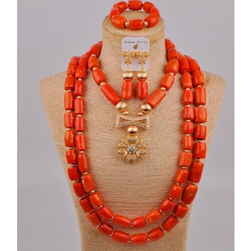 White Red Orange Nigerian Wedding Coral Beads Necklace African Jewelry Set Bride Set 3R-B-4