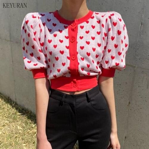 Korean Chic Love Heart Embroidery Cardigan Crop Top Knitted Hit Color Coat 2021 New Summer Puff Short Sleeve O-neck Knitwear