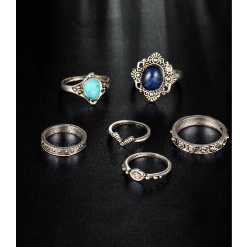 60 pieces/set V Shape Ring Blue Stone Beads Jewelry Women Antique Silver Color Hollow Flower Eye Midi Finger Knuckle Rings Set