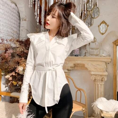 2020 Spring Autumn White Womens Shirt Long Sleeve Womens Blouse V Neck Dress Office Lady Shirt Restro Tunic Camisa