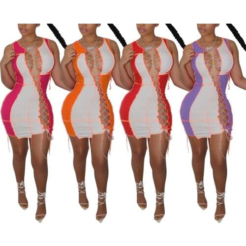 Hollow Out Sexy Woman Dress Sleeveless Lace Up Bandage Bodycon Dress Summer Clothes for Women Party Short Mini Dress