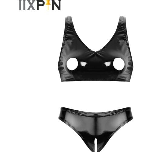 Womens Open Crotch Lingerie Set Wetlook Patent Leather Open Nipples Hole Bra Top with Crotchless Briefs T-Back Sexy Underwear
