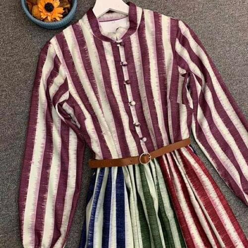 Maxi Vintage Striped Print Dress Runway Fashion Full Sleeve Spring Autumn Belt New Arrival Elegant Long XXXL Dresses