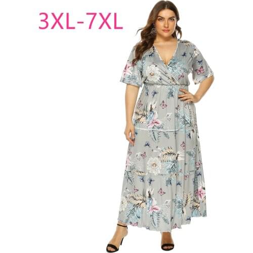 2021 summer new plus size long dress for women large loose casual short sleeve print flower V neck dresses gray 4XL 5XL 6XL 7XL