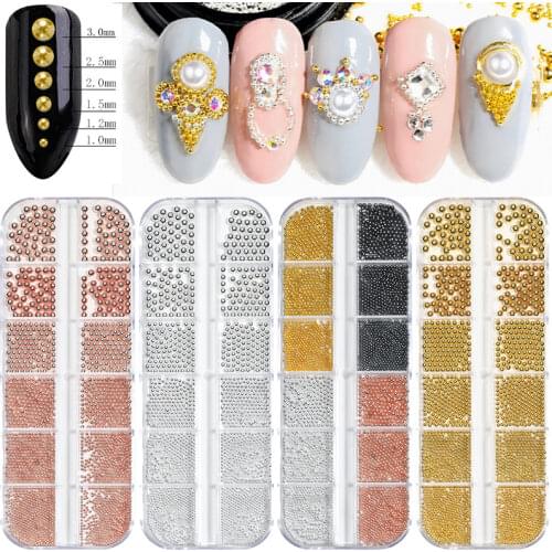 12 Grid Mixed Nail Steel Beads 1mm/3mm Mini Small Stainles Steel Bead Nail Art Decoration Small Steel Caviar Bead DIY Decoration