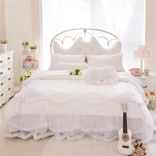 4/7 Pcs King Queen Twin size Whte Lace Cotton Luxury Wedding Princess Bedding Set Bed skirt Duvet Cover set Soft Bedclothes 38