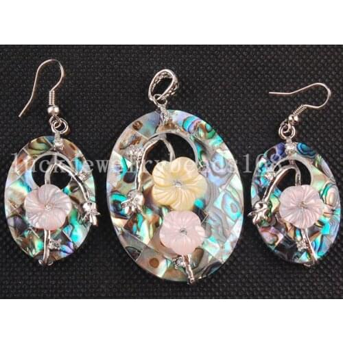 Free Shipping Women Fashion Jewelry New Zealand Abalone Shell Art Oval Flower Pendant Earring Set C3539
