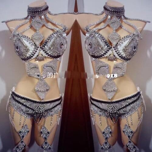 Sparkly Rhinestone catwalk show costume Nightclub bar women stage dance bikini