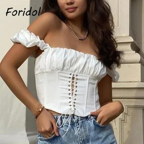 Foridol Lace Up Corset Crop Tops Vintage Ruffle Summer Beach Cute Blouse Tops White Sleeveless Black Sext Tops 2021 New