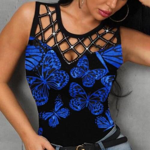 Mesh Collar Diamond Butterfly Flower Printed Camisole T-shirt Summer Fashion Slim Sleeveless Tshirt Vintage Sexy Tank Tops