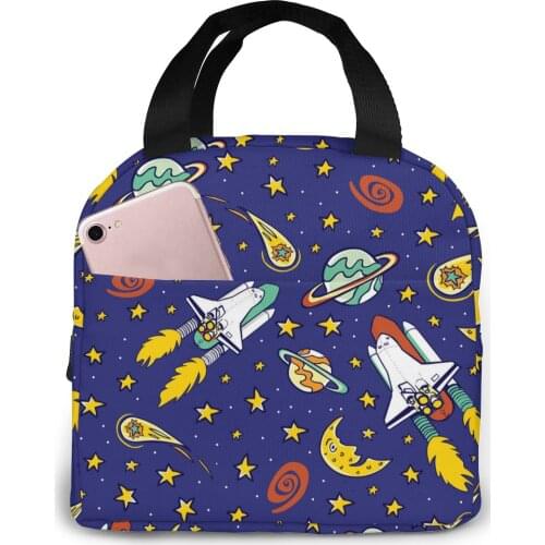 Cartoon Astronaut Space Ship Canvas Portable Cooler Lunch Bag Thermal Insulated Food Picnic Lunch Box Bag for Men Women Kids