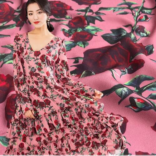 Italian Luxury Brand Rose Printed 100% Polyester Fabric Clothing Chiffon Handmade DIY Fabrics Wholesale Cloth Per Meter Sewing