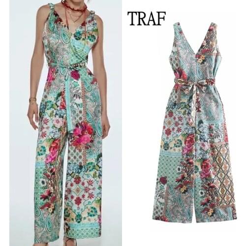 TRAF Za 2021 Jumpsuit Women New Summer Vintage Print Backless Jumpsuit Woman Elegant Belt Sleeveless Holiday Woman Clothing