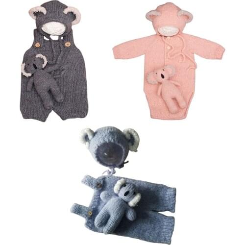 3Pcs/Set Newborn Photography Props Suit Knitted Jumpsuit Rompers with Beanie Hat Stuffed Animal Koala Doll Toy Infant Baby