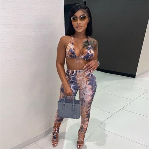 Sexy Backless Two Piece Set Sleeveless Print Club Streetwear Matching Set Women Summer